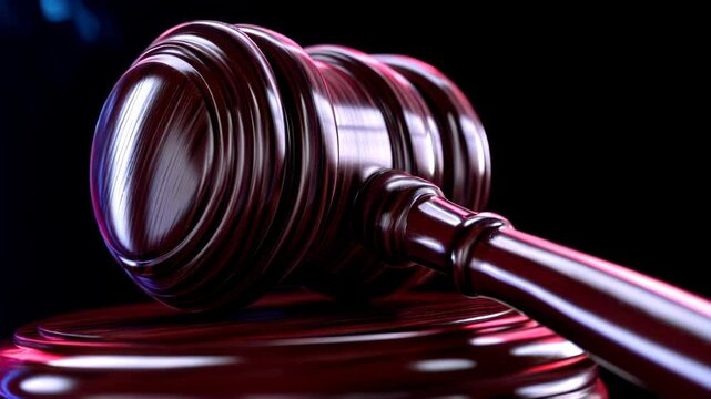 Dark brown wooden gavel on a dark red block against a blue and red digital code background. Close up view