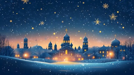 Fototapeta premium Illuminated Onion Domed Churches in Snowy Moscow City Skyline at Festive Dusk
