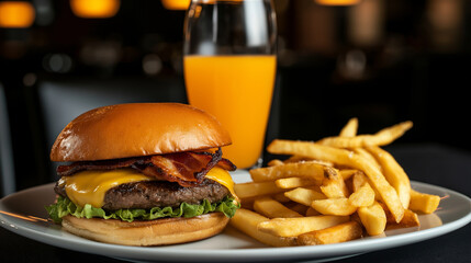 A beautifully plated gourmet burger with a grilled beef patty, melted cheese, crispy bacon, and a side of golden fries, paired with a glass of chilled orange juice.