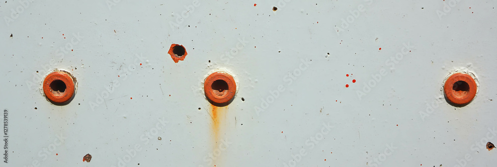 Poster abstract white wall surface with nail holes and rust marks for design and texture inspiration