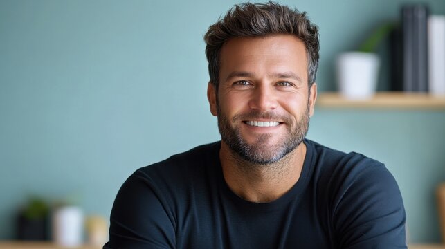 Smiling man poses in a cozy indoor setting with green wall and casual decor, exuding confidence and approachability