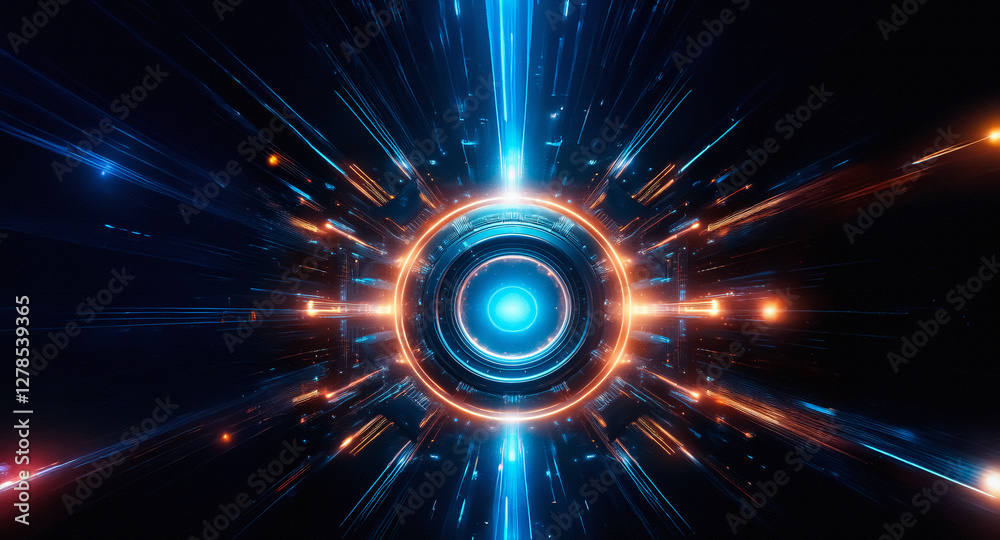 Poster abstract image showcases a vibrant circular portal with a cyan core and orange rings. dynamic blue a