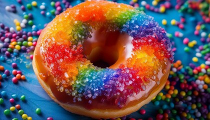 Obraz premium Ultra-detailed close-up of a freshly baked donut, its soft, golden texture topped with a colorful array of bright rainbow sprinkles, creating a vibrant and playful contrast 