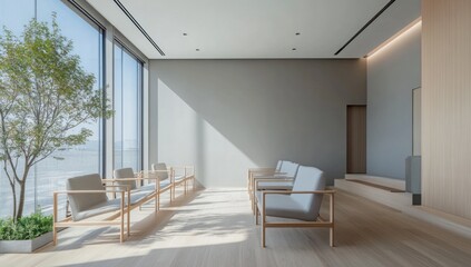 Modern minimalist waiting room with large windows, light wood floors, and comfortable seating.