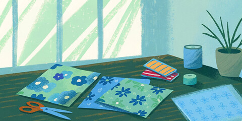 Creative workspace for national craft month with craft supplies