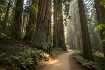 Fototapeta premium Sunlit Redwood Forest Path