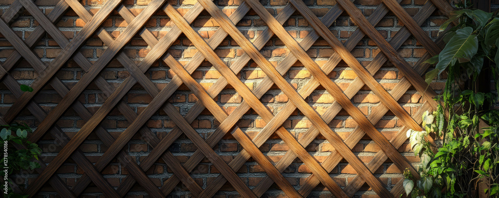 Poster wooden lattice pattern on brick wall with soft light for architectural design inspiration