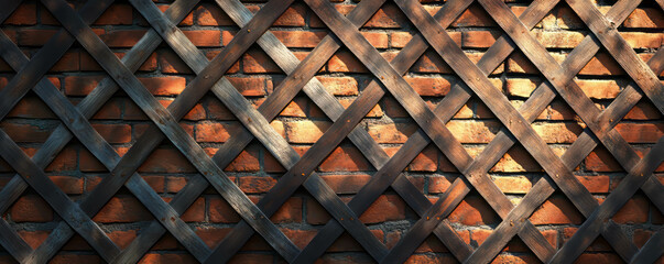 Wooden lattice pattern on brick wall capturing warm sunlight for architectural and design inspiration