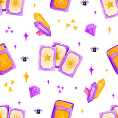 Magic crystal, book, Tarot card deck. Magic esoteric background with mystic astrology symbols, occult elements. Hand drawn cartoon background