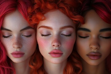 Obraz premium Three Figures with Vibrant Pink and Orange Hair Against a Dark Background