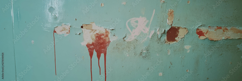 Poster rustic wall texture with chipped plaster and red markings for urban design concepts