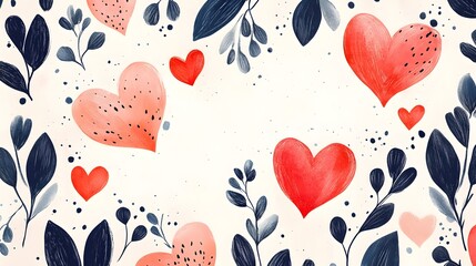 Stylish Romantic Floral with Red Hearts on Ivory Background
