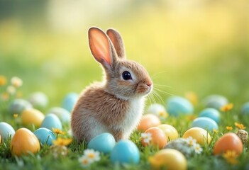 Adorable bunny sitting among colorful Easter eggs and flowers in a sunny meadow
