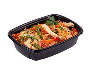 A large black plastic container filled with cooked chicken and fresh vegetables