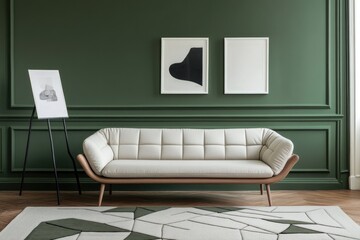 Elegant cream sofa in a green room with art.