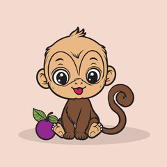 Obraz premium Cute cartoon monkey sitting with apple in his hand. Vector illustration.