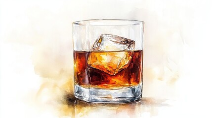 Watercolor Glass of Whiskey Isolated on Transparent Background Cutout