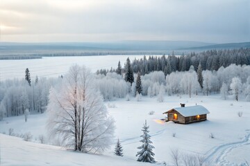 Winter Cabin in Snowy Landscape