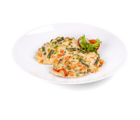 A white plate with rice and vegetables on a white background