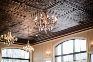 Elegant crystal chandeliers hang from an ornate ceiling in a grand hall with large windows.
