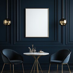Elegant dark blue room with gold accents, two armchairs, and a blank poster.