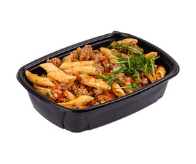 A black container with pasta and meat on a white background