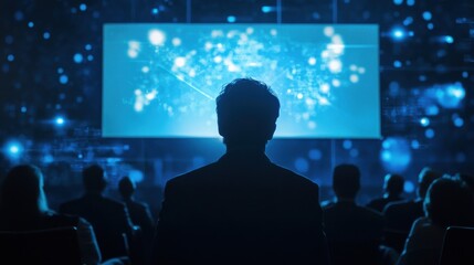 Audience watches an immersive digital presentation in a darkened auditorium during a technology conference