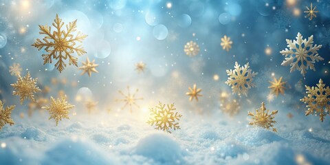 Delicate blue and gold snowflakes gently falling on a frosty winter background, surrounded by soft white mist , icy, cold,  icy