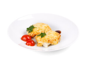 A white plate with cheese and tomatoes on a white background