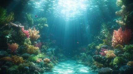 Fototapeta premium Underwater coral reef pathway, sun rays, vibrant colors, marine life, tranquil scene, beautiful ocean, great for presentations, stock photos