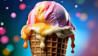 Macro shot of a melting ice cream cone, showcasing rich creamy textures and vibrant colors as it drips down the cone, highlighting the smooth, indulgent nature of the ice cream.