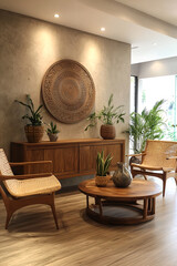 Modern Living Room Interior with Woven Decor and Tropical Plants