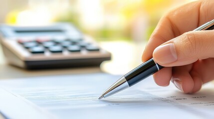 A hand holding a pen writes on a sheet of paper, with a calculator visible in the background, suggesting financial calculations or note-taking.