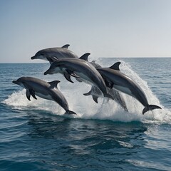 Fototapeta premium A pod of dolphins dancing across the ocean, their movements highlighted against the white backdrop.