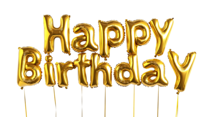 Golden helium numerals spelling happy birthday hovering against transparent surface