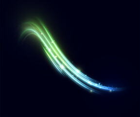 Fairytale swirl trail. Bright magic glowing light curved line. Bokeh, glitter fire, spark, spiral wave, line neon. Vector