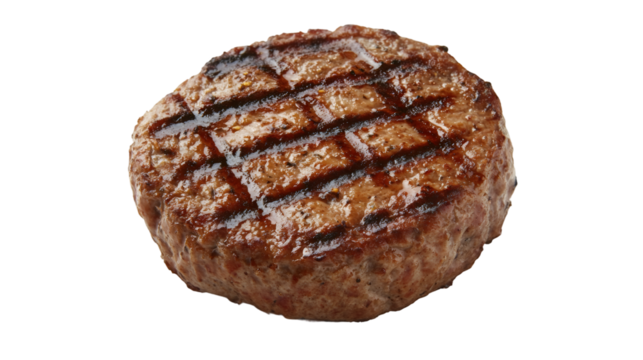 Juicy grilled burger patty displaying char-marked surface, floating against transparent background for seamless design integration