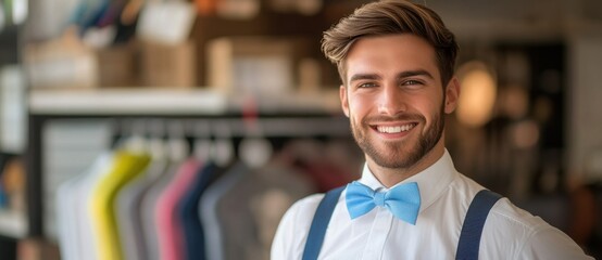Fototapeta premium Stylish man in bow tie standing confidently in modern clothing store with vibrant outfits displayed behind him