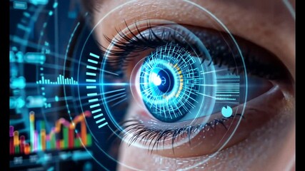 Woman's eye views data overlay with charts; future tech vision concept use - Powered by Adobe