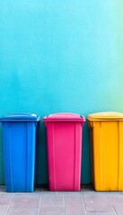 Three colorful plastic trash bins stand against a textured blue wall