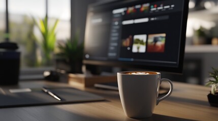 Comfortable remote work setup with coffee and technology on wooden desk