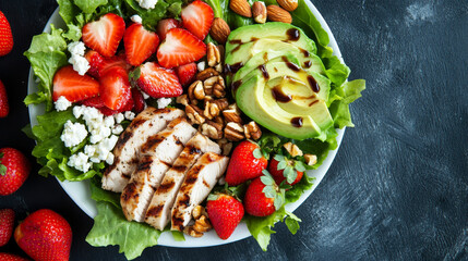 A fresh and balanced salad combining strawberries, grilled chicken, avocado, feta cheese, lettuce, and nuts, drizzled with balsamic vinegar--perfect for a delicious detox diet