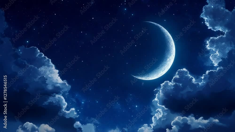 Aufkleber blue night sky featuring a glowing crescent moon surrounded by twinkling stars and soft clouds, crea