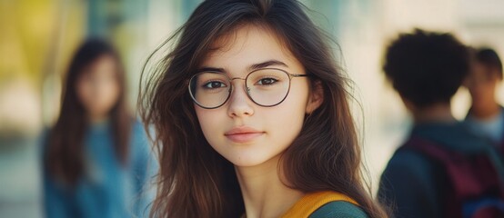 Fototapeta premium Young woman with glasses poses confidently outdoors among friends during a sunny day