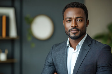 Confident african american executive business man attire in office setting.