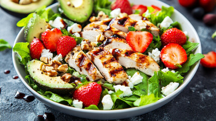 A fresh and balanced salad combining strawberries, grilled chicken, avocado, feta cheese, lettuce, and nuts, drizzled with balsamic vinegar--perfect for a delicious detox diet