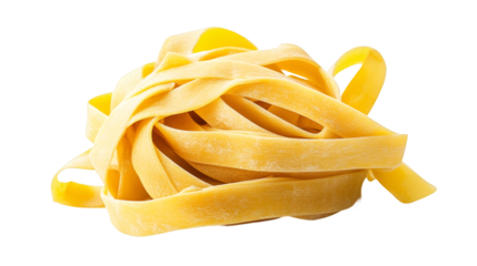 Close-up view: pappardelle pasta forming delicate nest, pale yellow strands curling elegantly against transparent backdrop
