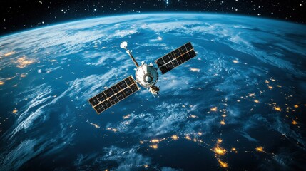 Fototapeta premium Satellite Orbiting Earth at Night: A Stunning View of Technology in Space