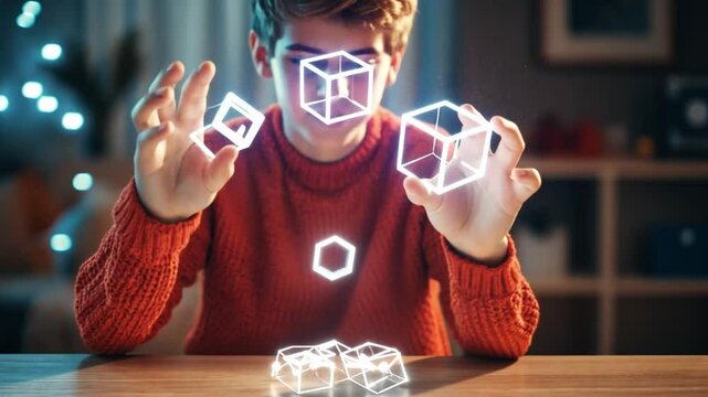 Tech-Savvy: A young boy engages with futuristic glowing cubes, demonstrating the seamless integration of technology into the next generation's life