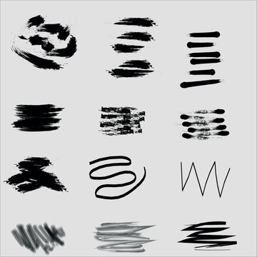 Brushstrokes, 12 types of black cubes, vector graphics